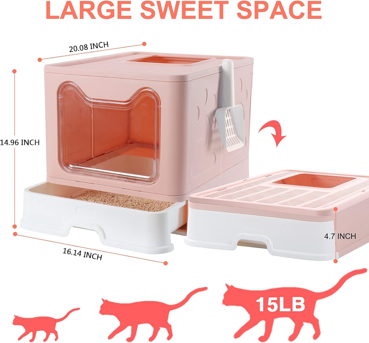Enclosed Litter Box, Large, Foldable Top Entrance, Easy Clean, No Smell, Pink, Plastic, Cat Litter Box with Lid