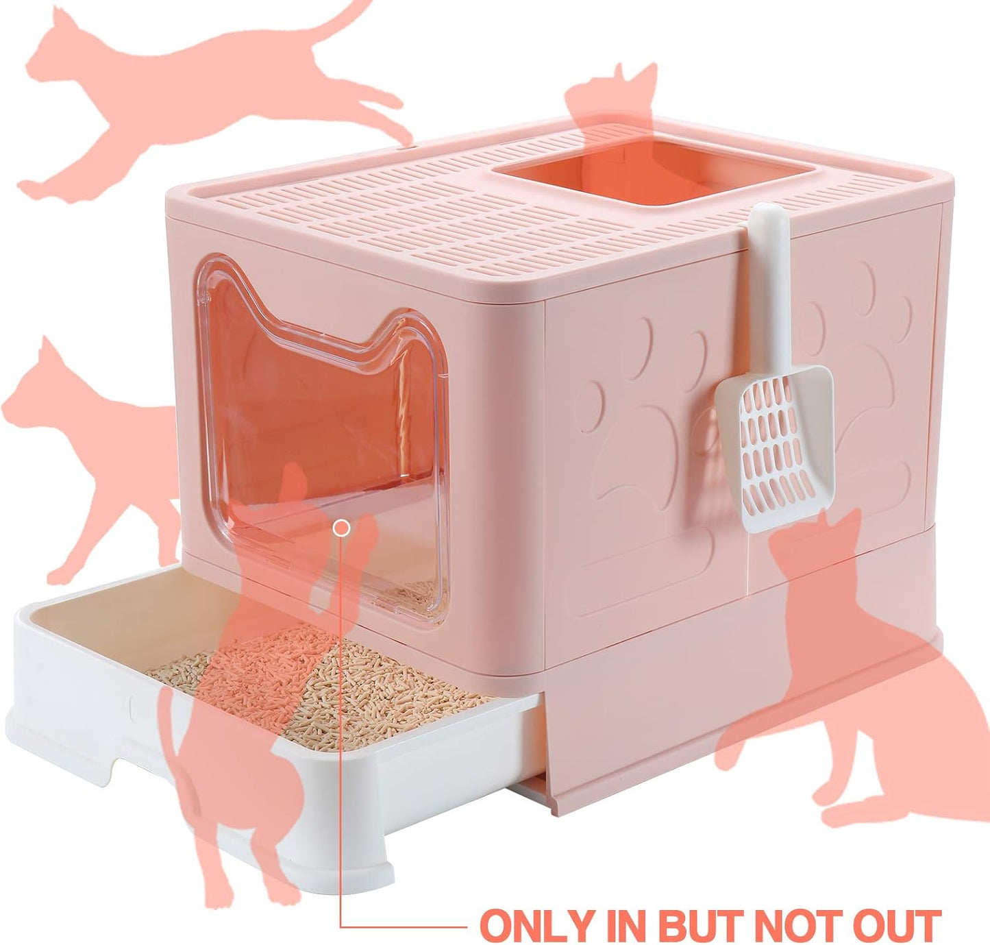 Enclosed Litter Box, Large, Foldable Top Entrance, Easy Clean, No Smell, Pink, Plastic, Cat Litter Box with Lid