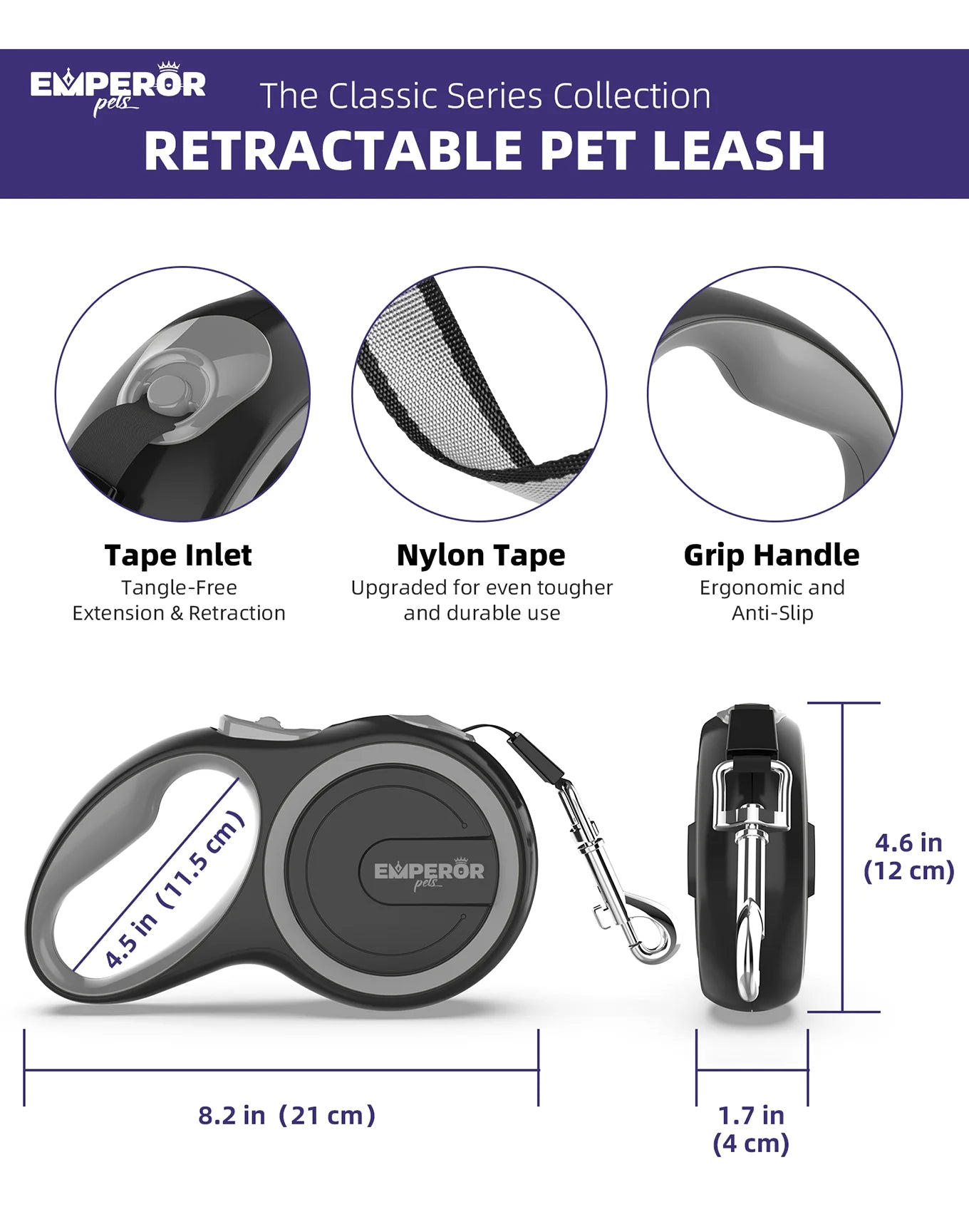 16 Ft Retractable Dog Leash Large Dogs - up to 110Lbs, Large Dog Leash Heavy Duty Dog Leash Retractable 16 Ft - Gray - GY16-50