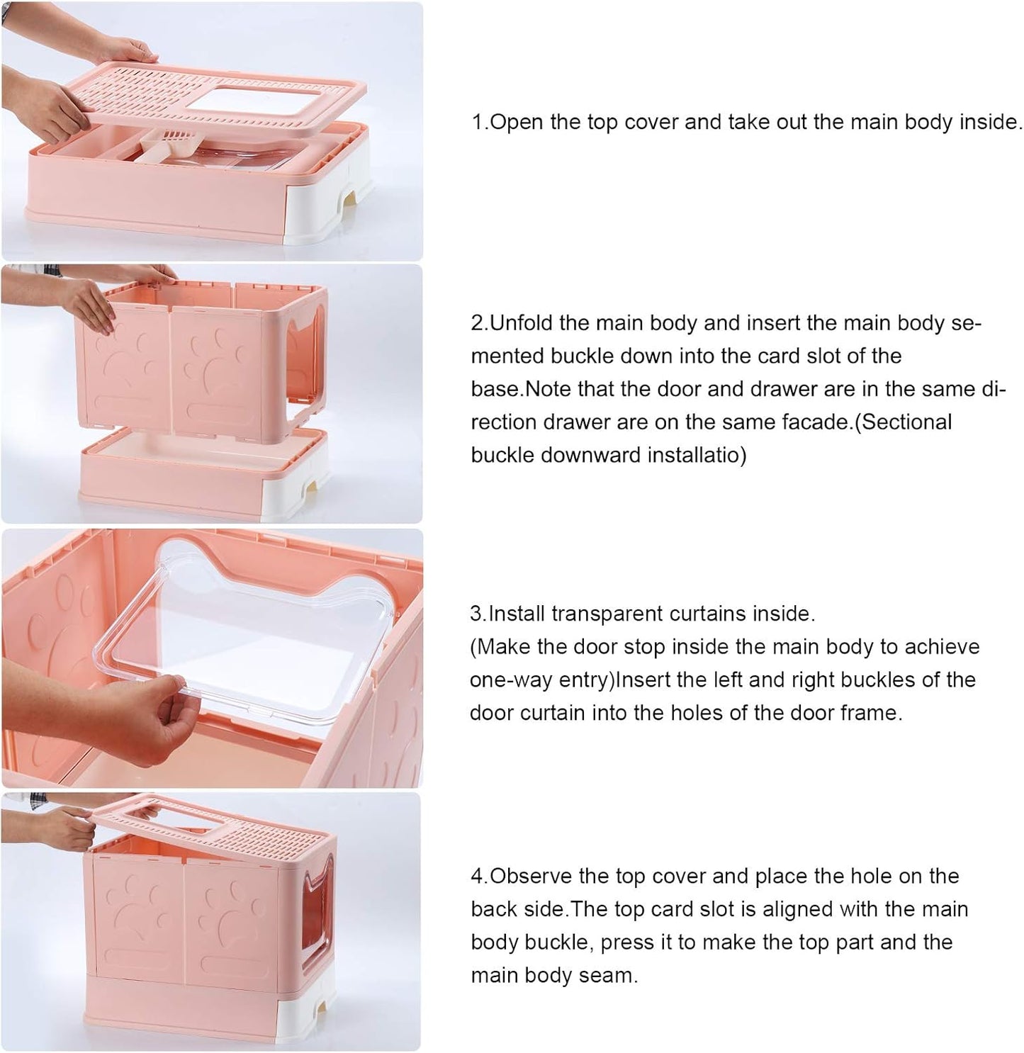 Enclosed Litter Box, Large, Foldable Top Entrance, Easy Clean, No Smell, Pink, Plastic, Cat Litter Box with Lid